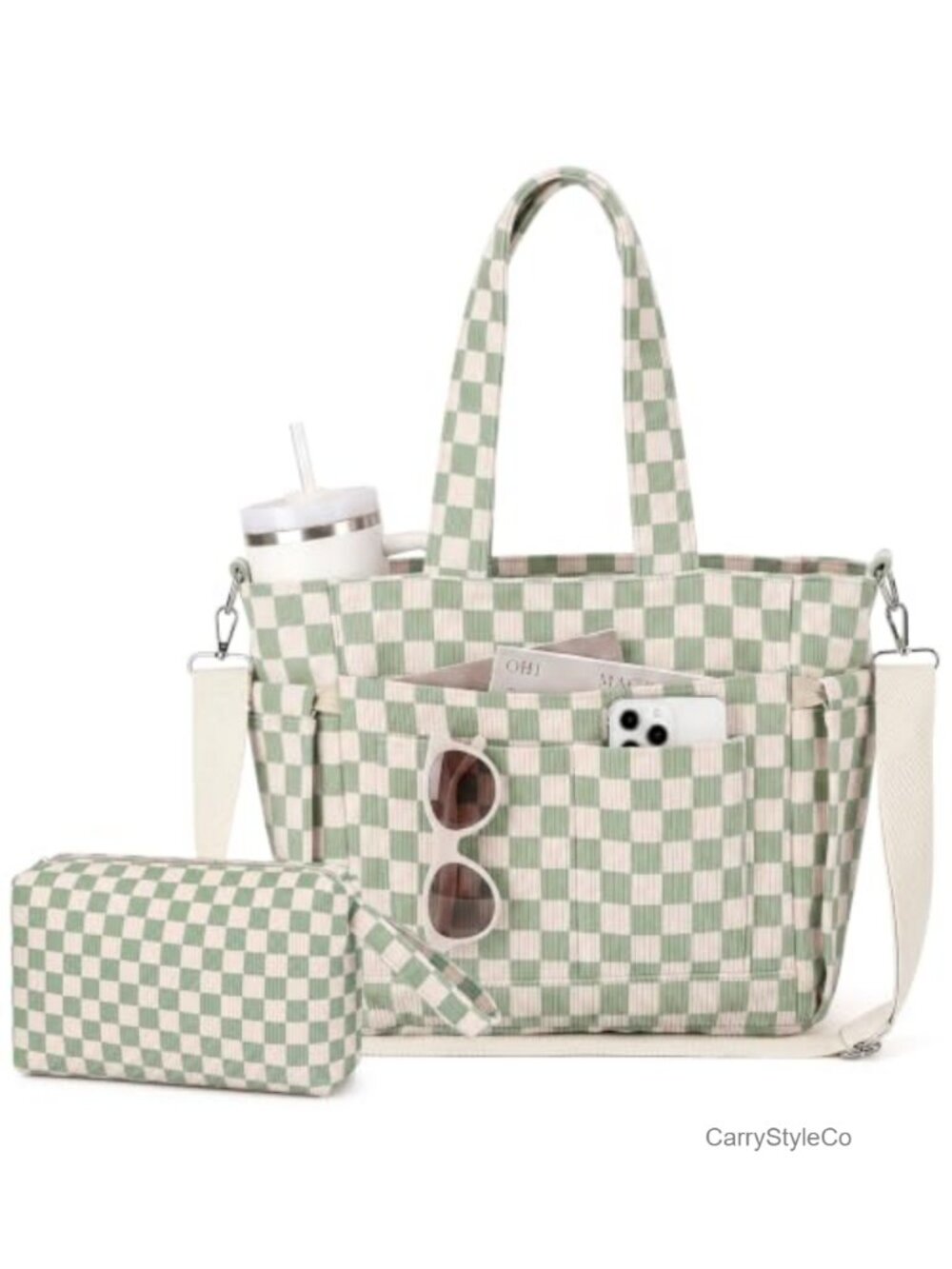Corduroy Tote Bag Set with Pouch Multi-Pocket Shoulder Crossbody
